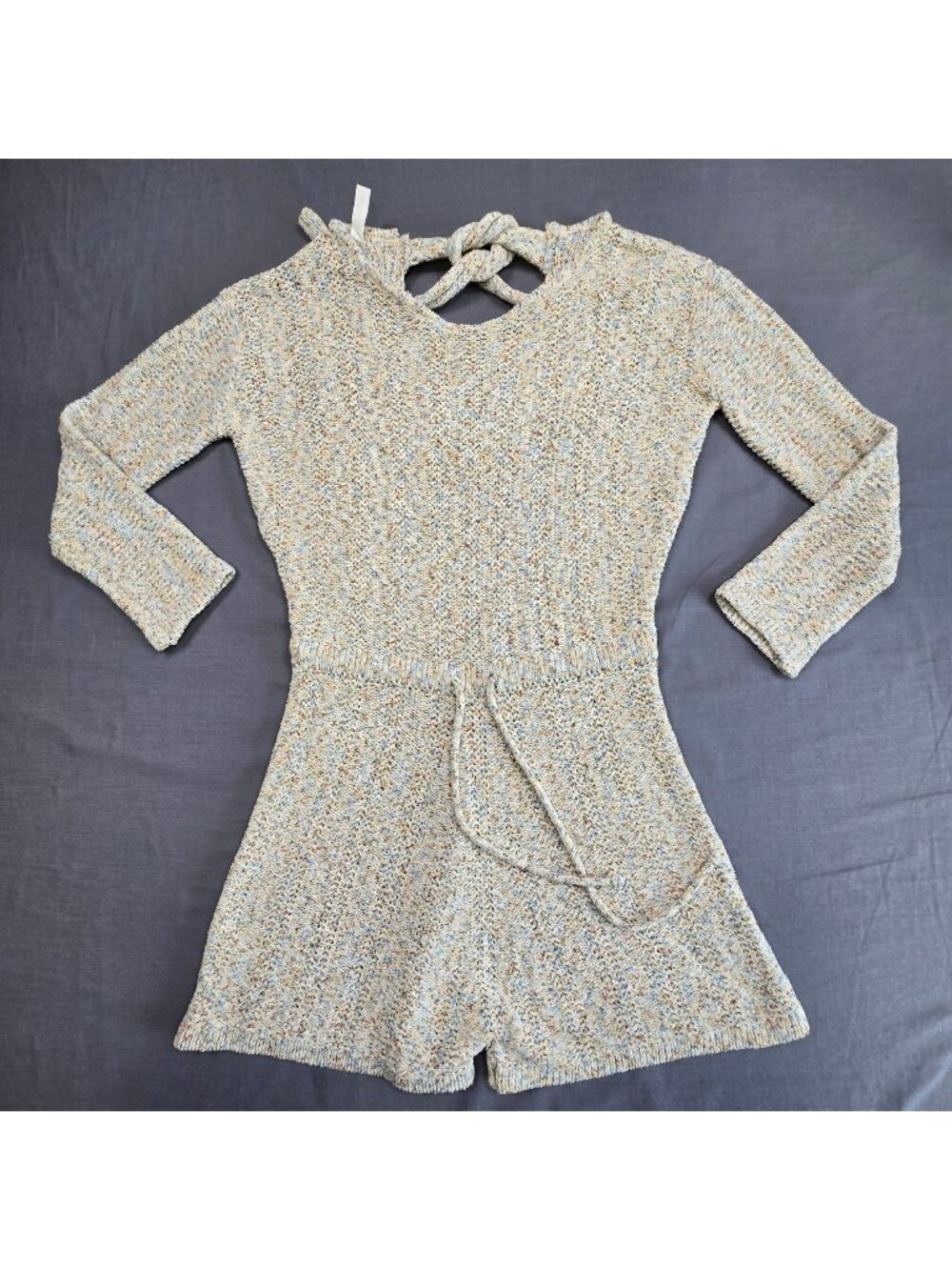Wishlist S/M Knit Long Sleeve Tie Back Knit Sweater Romper Beige Blue Flecks